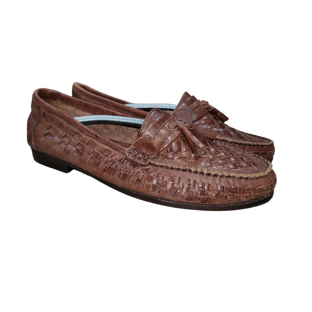 Martin Drake Mens Brown Leather Slip On Loafers Weave Tassel Shoes Moc Toe 13M